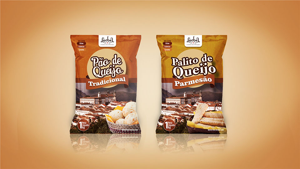 Duas embalagens dos produtos Lucbel: pão de queijo e palito de queijo